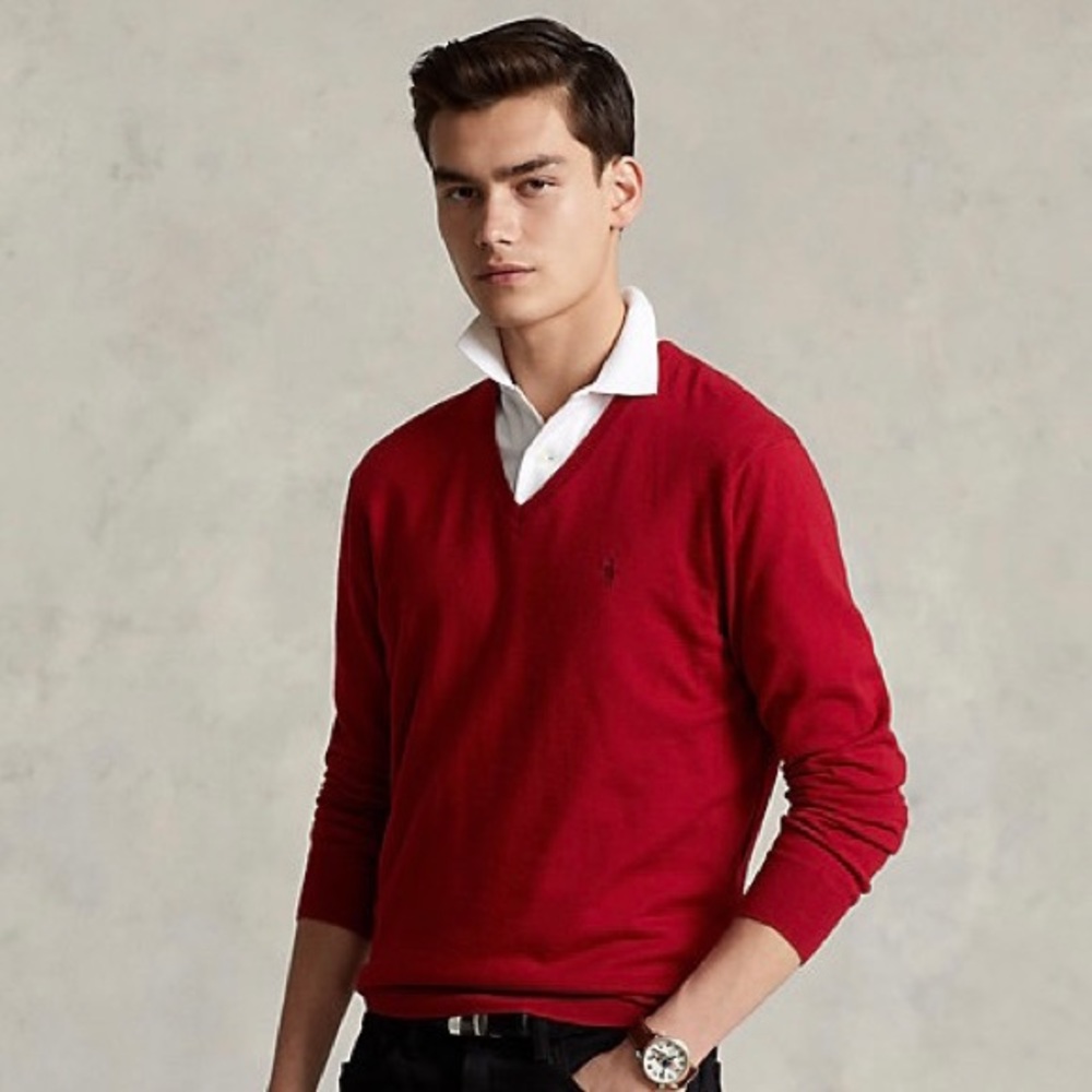 Polo Ralph Lauren Red Wool V-Neck Sweater